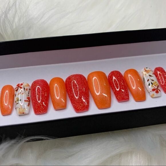 Orange Flowers Custom Press On Nails | High Quality Nails | Handmade - Picture 1 of 12
